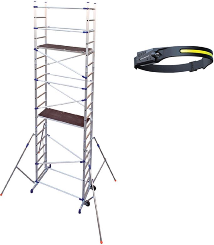 Gerüst mit 2 Plattformen - Arbeitshöhe 6,46 m + Stirnlampe - PN/CLA-LAMPE