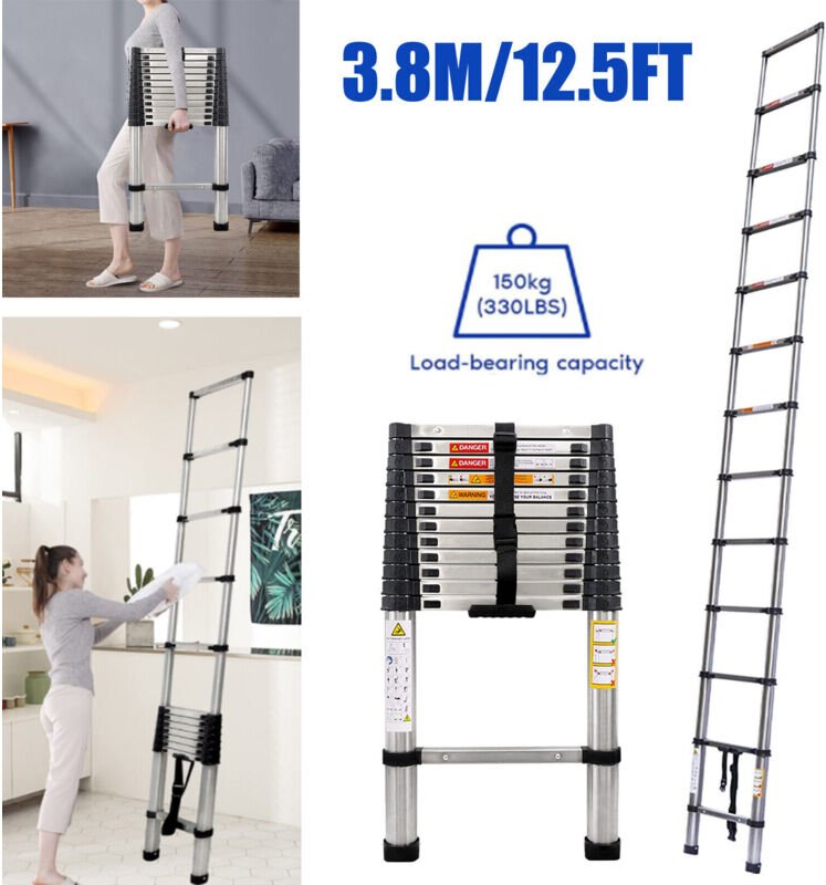 Teleskopleiter Klappleiter 3,8m Anti-Rutsch Mehrzweckleiter Ausziehbar Tragbare Edelstahl Leiter 150kg Belastbarkeit