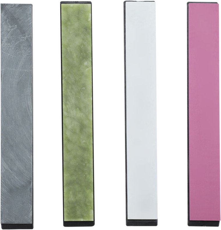 Set aus 4 farbigen Schleifsteinen mit Basis zum Schärfen von Messern in einem festen Winkel