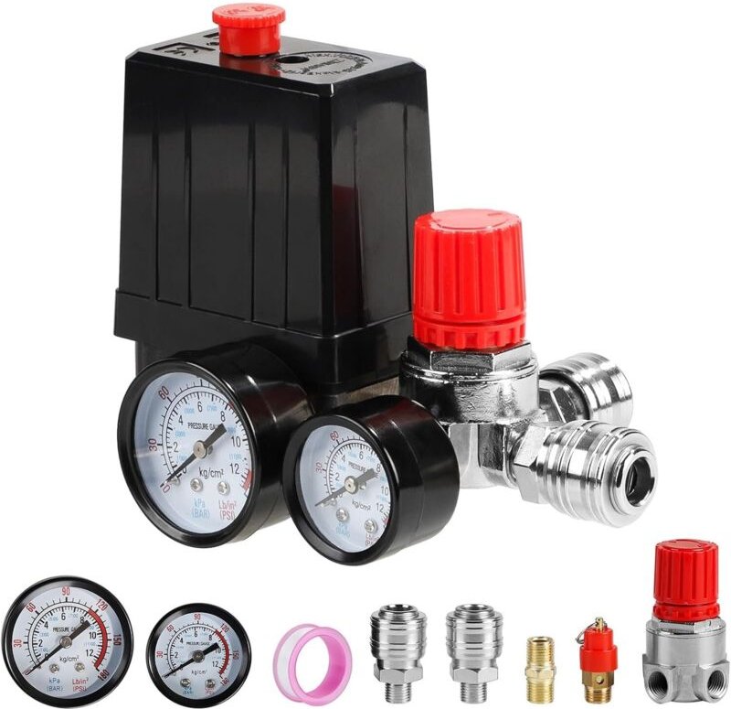 Druckschalter Kompressor 220V Druckregler für Luftkompressor mit Manometer Sicherheitsventil Kupplungen, 90-120PSI Kompr...