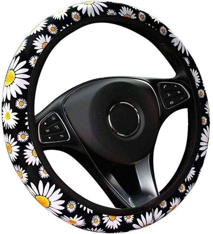 Auto-Lenkradbezug mit süßem Gänseblümchen-Motiv, Auto-Innendekoration, gestrickter Lenkradbezug, universelles Autozubehö...