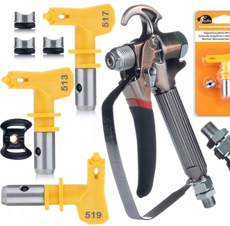 Rosfix Set TurboJet TJ1 – Farbspritzpistole mit 3 Düsen 513/517/519 1/4" Anschluss Ergonomisch & Langlebig Für Graco, Wa...