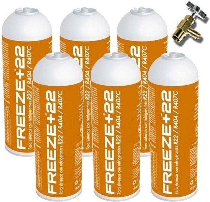 6 Botellas Gas Ecologico Refrigerante Freeze +22 400Gr + Valvula Organico Sustituto R22, R404, R407C