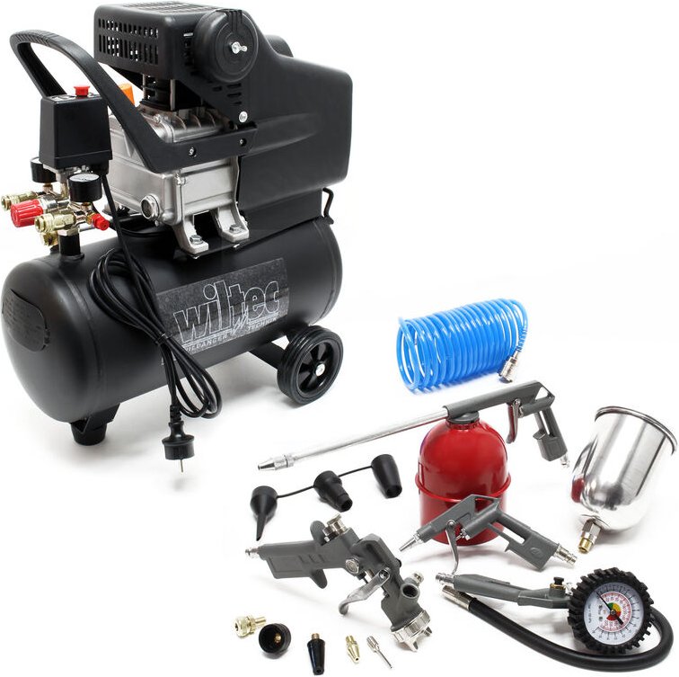Wiltec - Druckluftkompressor 24L mit 13-tlg. Werkzeugset für Druckluft Luftkompressor Druckluftpistole Reifenfüller Sprü...