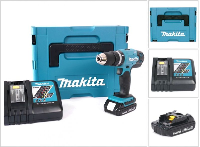 Makita DHP 453 Y1J-D Akku Schlagbohrschrauber 18V 42Nm im MAKPAC + 1,5 Ah Akku + Ladegerät