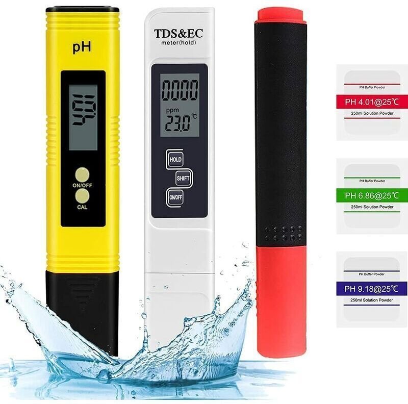 3-teiliges Wasserqualitäts-Tester-Set: Elektronisches pH-Meter, TDS- und EC-Meter, Temperaturmesser, Mineralien-Teststif...