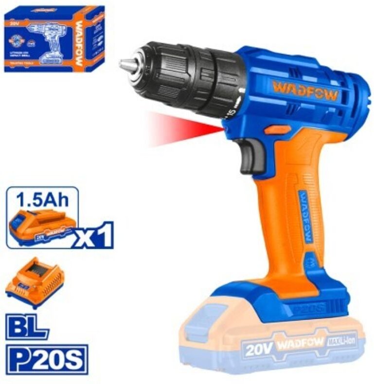 WADFOW 20 V Akku-Bohrschrauber, 0–1500 U/min, 35 Nm, 15+1 Einstellungen, integriertes LED-Licht