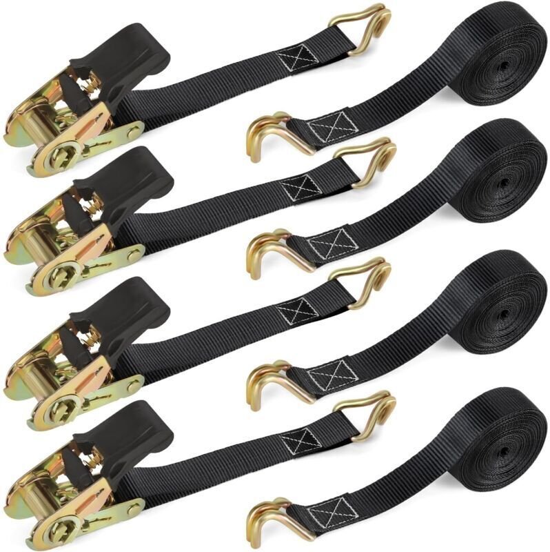 Ratschengurte mit Haken – Set mit 4 Spanngurten, 6 m x 25 mm. Robuste Ratschengurte mit Klemmschnalle für Motorräder, Au...