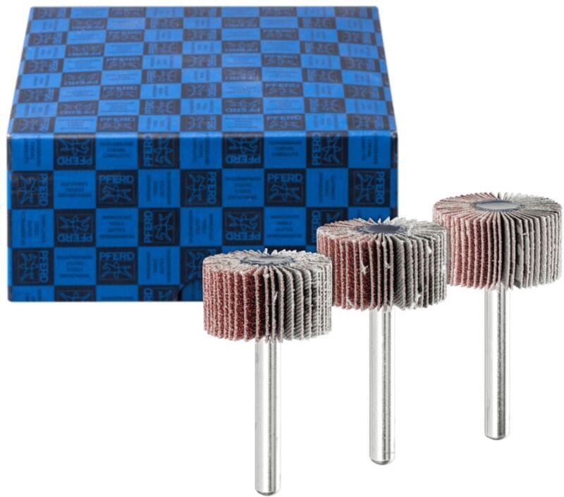 Pferd - Fächerschleifer-Set 3-tlg. Korund ø 30x15 mm Schaft-Ø 6 mm A60, 80,120 für Feinschliff und Finish