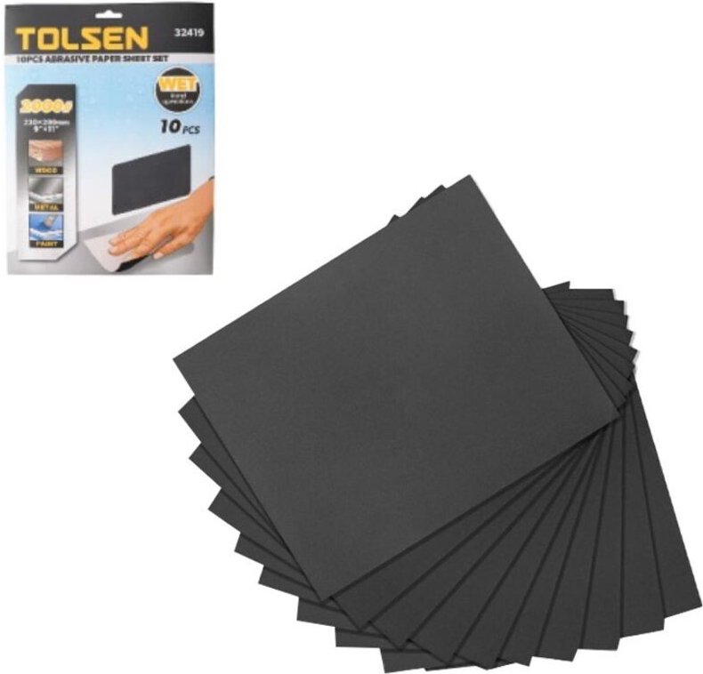 Set mit 10 TOLSEN Nassschleifpapierblättern 230 mm x 280 mm 1500er Körnung für feine Oberflächen