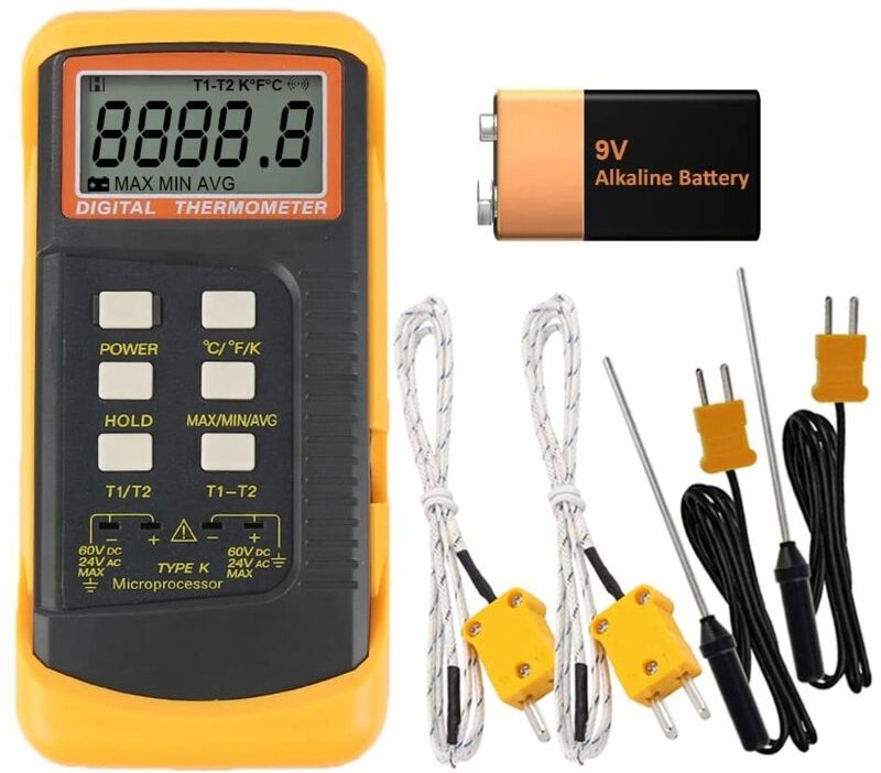 Digitales Thermometer Typ K, 2 Kanäle mit 4 Thermoelement-Sonden, Messbereich -50 bis 1370 °C (-58 bis 2498 °F), tragbar...