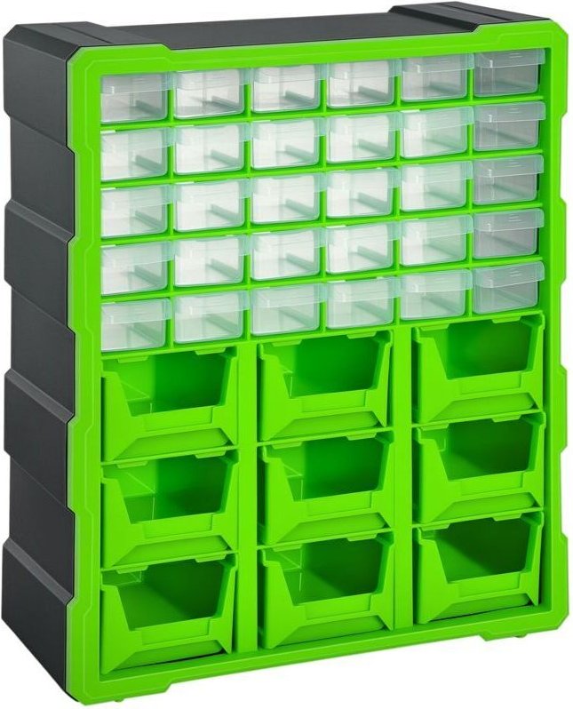 Kleinteile-Sortierbox, Aufbewahrungsbox für Zeitschriften und Ersatzteile, 39 Fächer, grün, L 38 x B 16 x H 47,5 cm