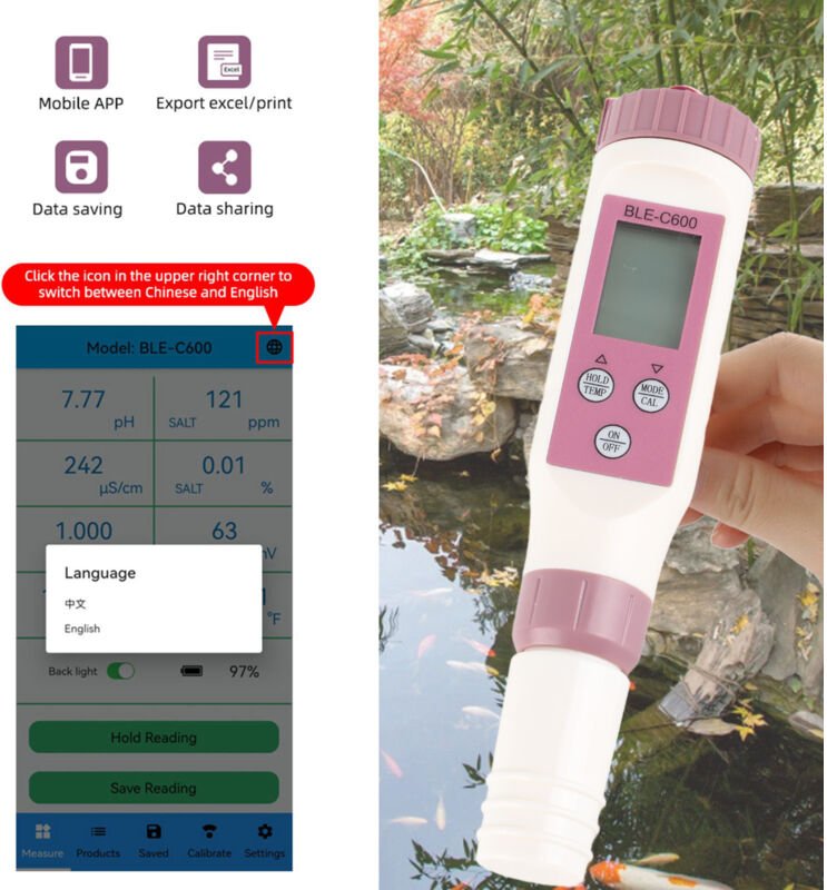Wasserqualitätserkennungsstift intelligent 7 in 1 Hochempfindlichkeitssonde Bluetooth ph tds ec orp sg Salzgehaltsmessge...