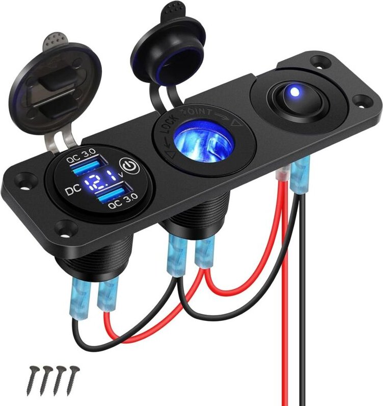 QC 3.0 USB Steckdose Panel KFZ Auto Ladegerät mit LED Voltmeter ON/Off Schalter Zigarettenanzünder für Boot Wohnmobil Tr...
