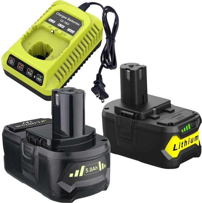 Pdstation - 5,0 Ah Ersatzakku für Ryobi 18 v und Ladegerät P117, kompatibel mit Ryobi 18 v One+ RB18L25, RB18L50, P108, ...