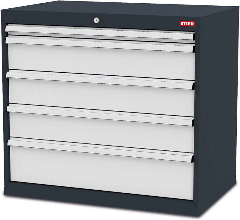 Schubladenschrank mit 5 Schubladen, BxTxH 900x575x820 mm, Gesamttragkraft 1000kg, Blendenhöhen 50 bis 200mm - Stier