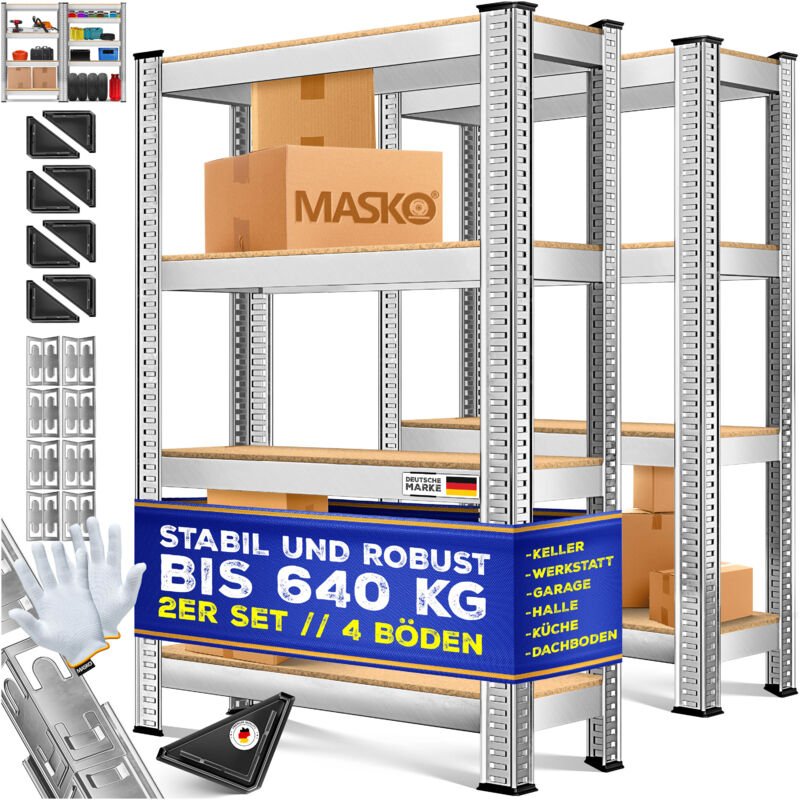 2er-Set Lagerregal, bis 875 kg belastbar, 4 oder 5 verstellbare Ablagen, MDF-Platten, Regal aus Metall, Silber-700kg / 2...