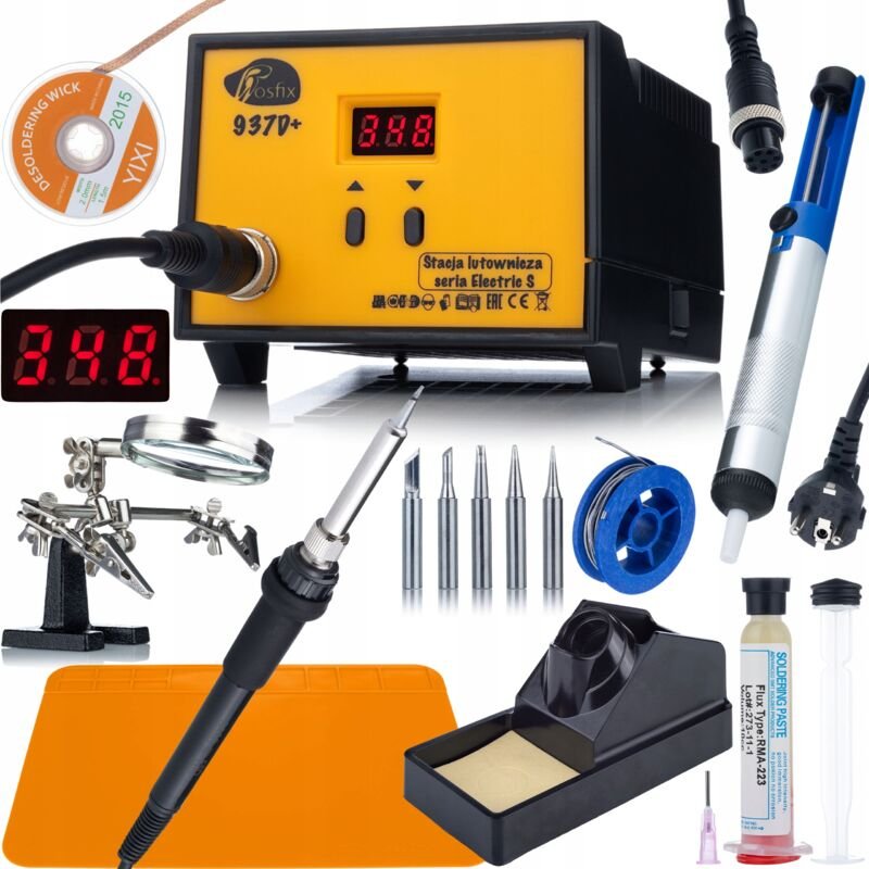Rosfix 937D+ – Lötstation Set, 60W inkl. 30x20 cm Silikonmatte, 5 Lötspitzen, Zinn, Lötfett, Entlötsauger ESD-Schutz Löt...
