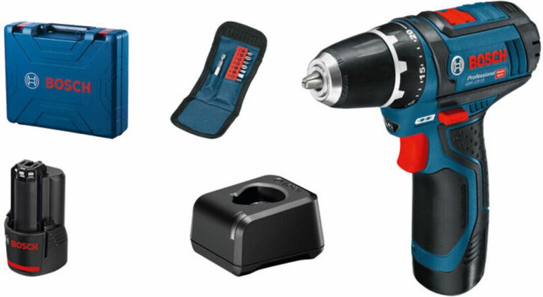 Bosch Akku-Bohrschrauber gsr 12V-15 mit 2x 2,0 Ah + Lader + Bit-Satz im Koffer