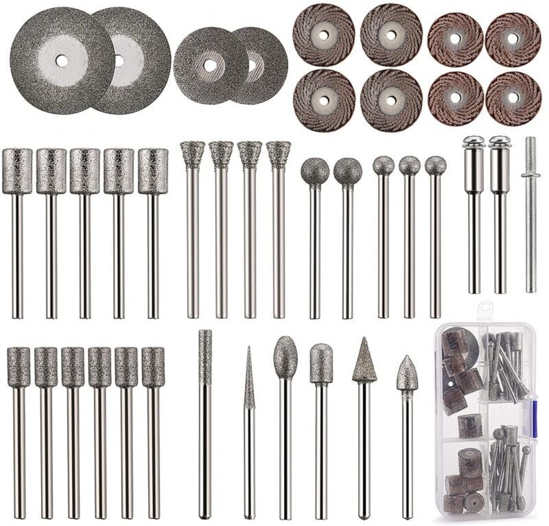 43-teiliges Steinschnitzset, 26 Diamantfräser, 10 Laufräder, 4 Schneidräder, 3 Metalldorne, rotierende Polierwerkzeuge