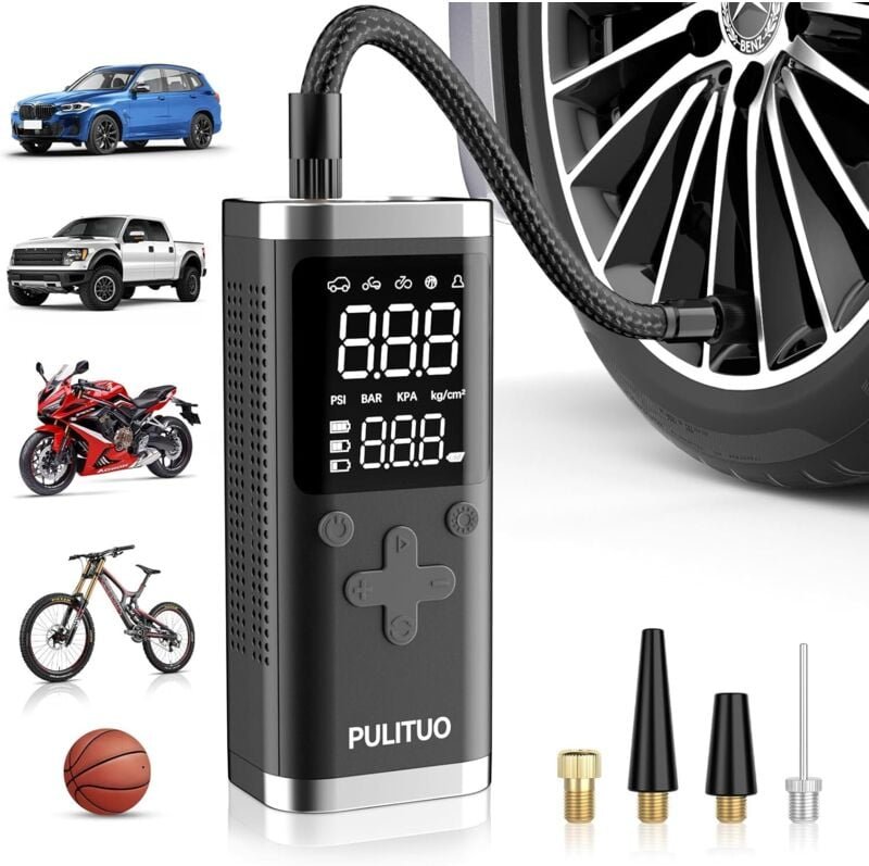 Pulituo - Compresseur d'air portable pour pneus de voiture, pompe à air sans fil 150 psi avec batterie et double aliment...