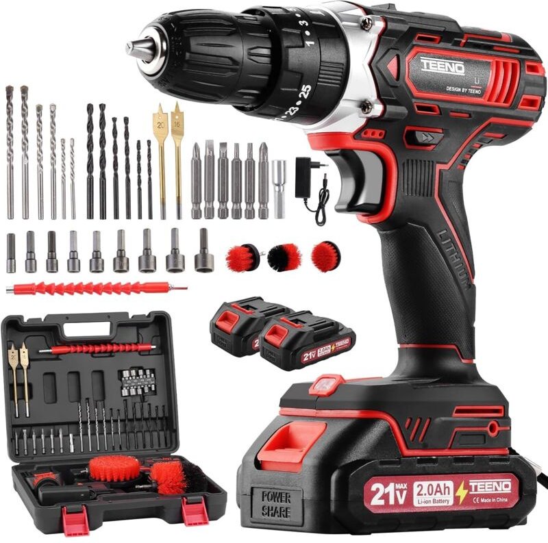 TEENO 21V Akku-Bohrschrauber für Makita-Akkus (2 x 2,0 Ah), 45 Nm maximales Drehmoment, Akku-Schlagbohrschrauber, 39 Zub...