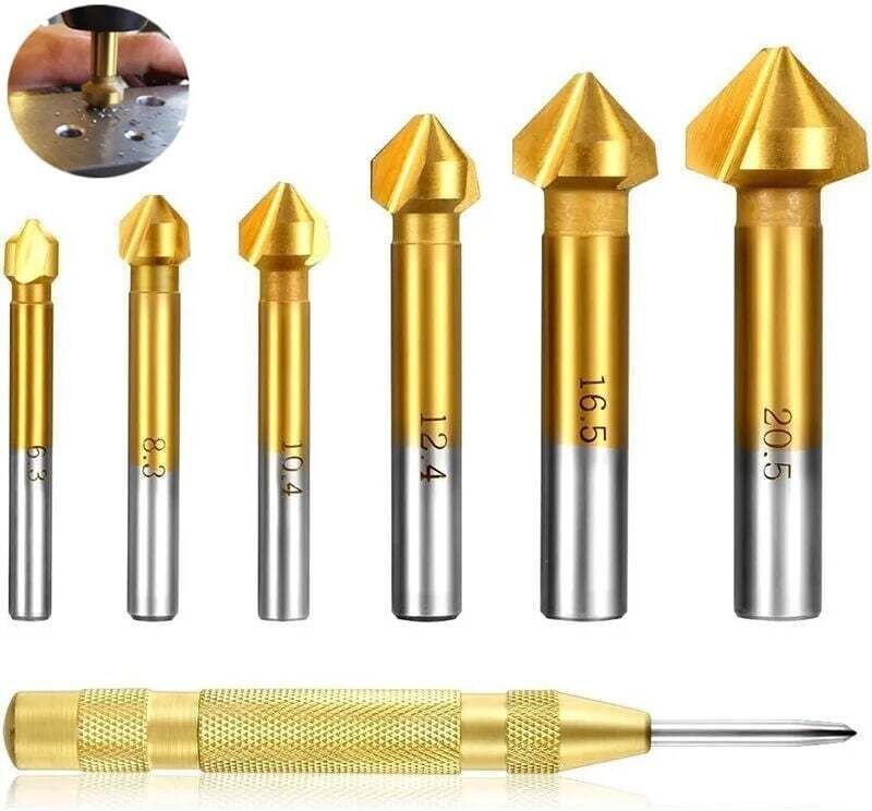 Satz mit 6 90°-Fräsern, Bohrern, HSS-Fräsersatz, titanbeschichtet, Durchmesser 6,3-20,5 mm, Senker mit 1 Packung selbstz...