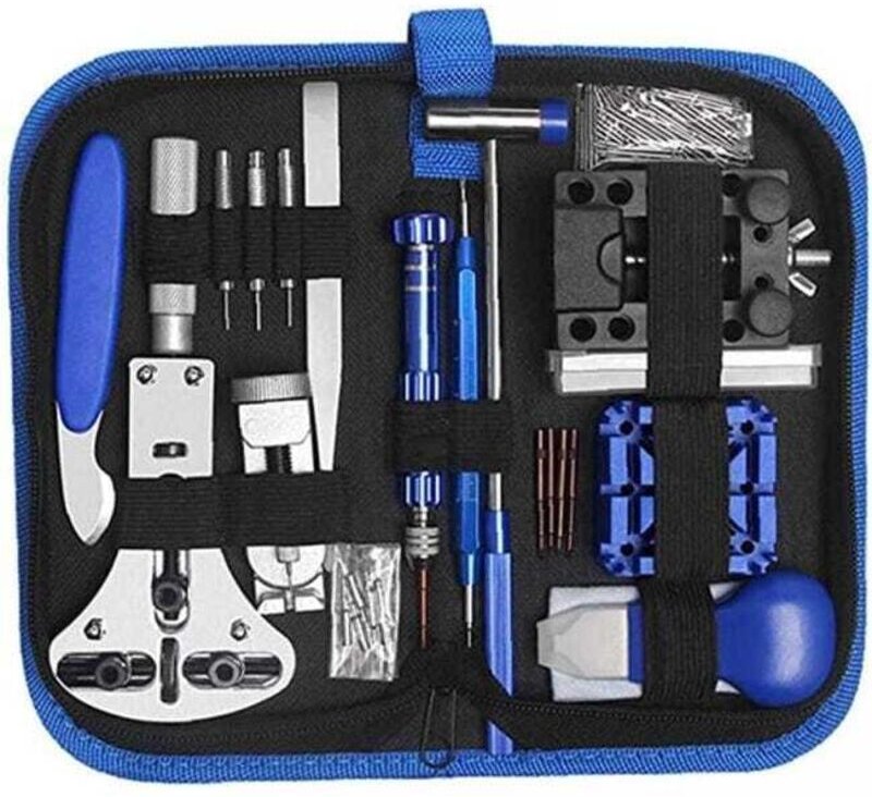 Das Uhrenreparatur-Werkzeugset enthält 185 Werkzeuge, darunter Uhrmacherwerkzeuge und einen Gehäusebodenöffner.