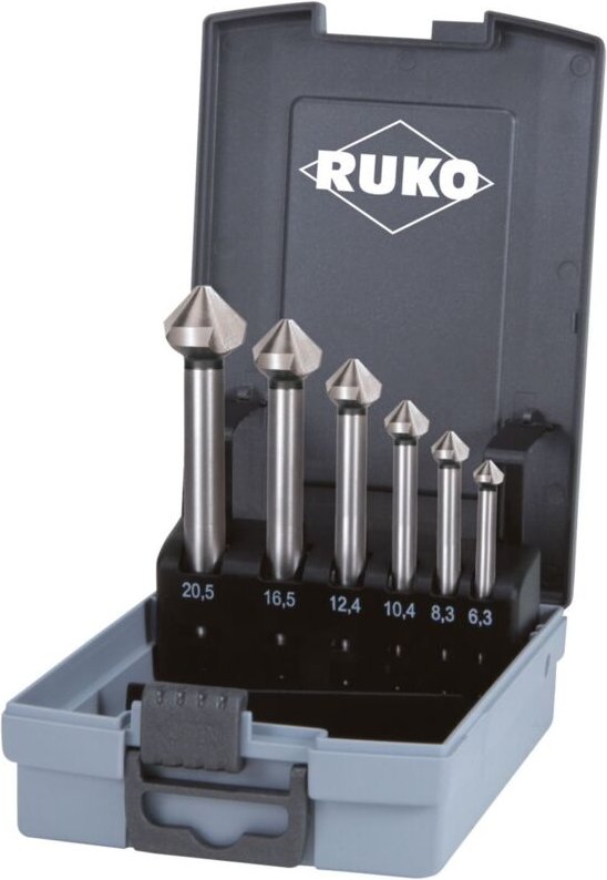 RUKO Kegel- und Entgratsenker-Satz DIN 335 Form C 90° HSS mit langem Zylinderschaft in ABS-Kunststoffkassette - 6 tlg. -...