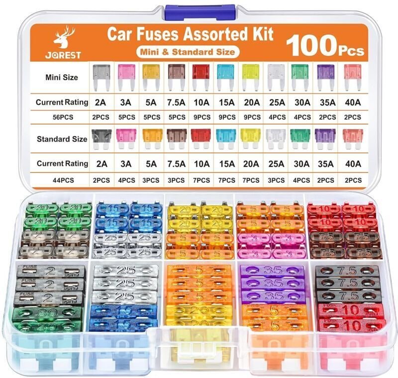 100-teiliges Kfz-Sicherungsset – 56 Mini-Kfz-Sicherungen + 44 mittlere Kfz-Sicherungen + 1 Sicherungsauszieher, Kfz-Sich...