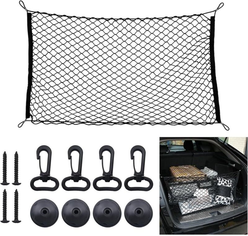 Kofferraum-Aufbewahrungsnetz, 110 x 60 cm, elastisch mit 4 Haken, kompatibel mit den meisten Autos