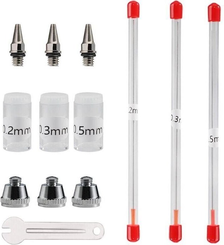 Airbrush-Düse und Nadel 0,2 mm, 0,3 mm, 0,5 mm, Ersatzteile für Spritzpistolen, Set mit verstellbarem Schraubenschlüssel