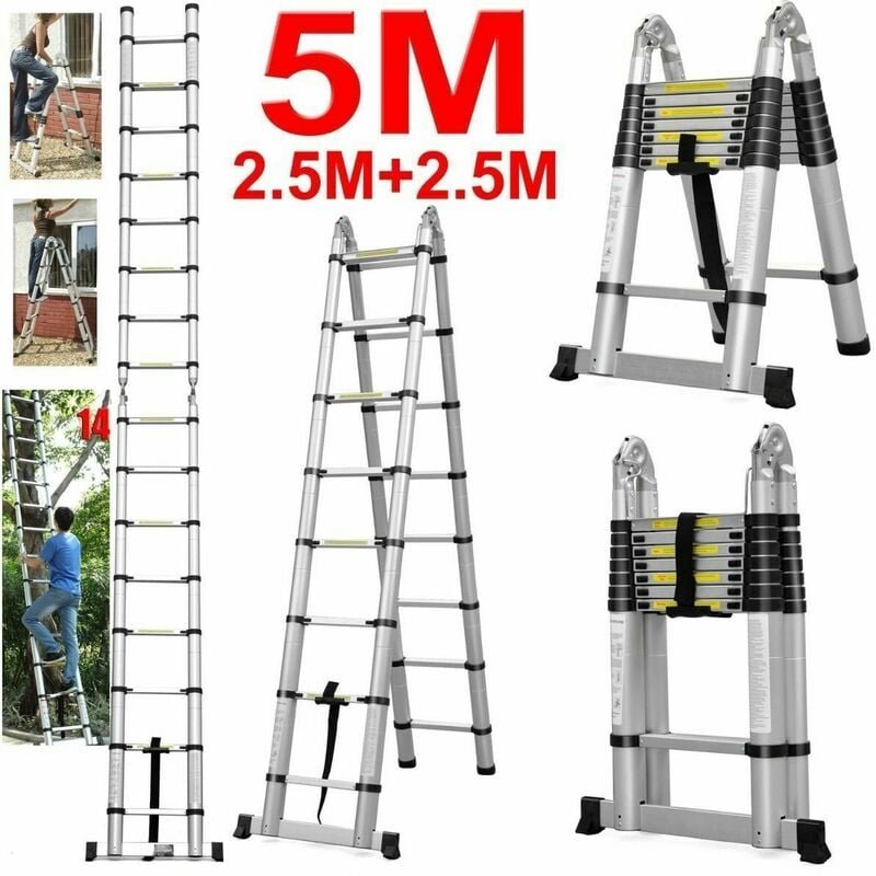 2,5m+2,5m Teleskopleiter Klappleiter, Aluminium Mehrzweckleiter mit Stabilisator, rutschfest Verlängerungsleiter Anlegel...