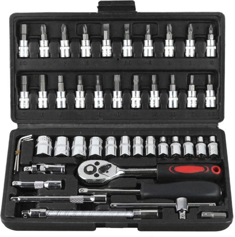 46-teiliges Ratschenschraubendreher-Werkzeugset für Fahrzeugreparaturen, Motorräder und Elektrofahrräder (Schwarz).