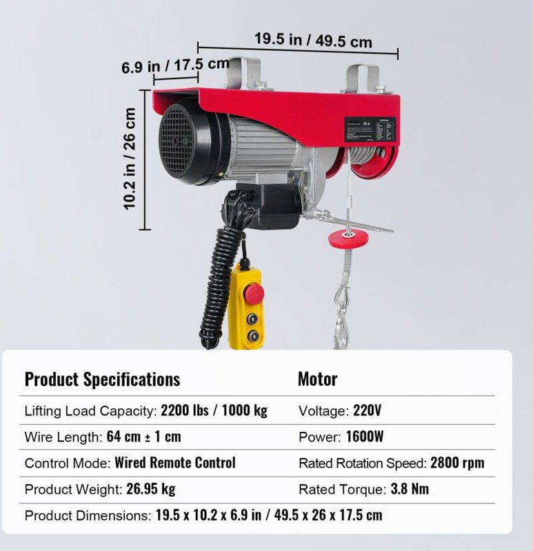 Mophorn - Elektrischer Hebezeug von 2200 lbs Hubkapazität, 1600 w 220 v Stahlseilwinde, 14 Fuß Kabelfernbedienung, 40 Fu...
