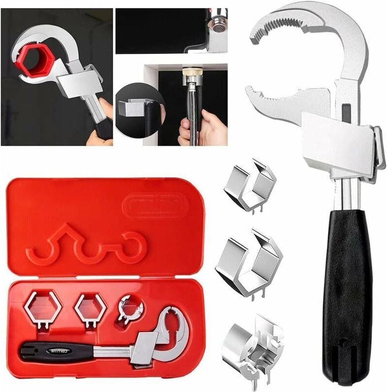 Schlüssel – universeller, multifunktionaler Maulschlüssel mit 3 Ersatzköpfen, Reparatur-Set – für Wasserhähne, Badezimme...
