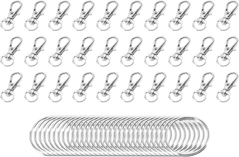 60 Stück Schlüsselring-Cliphaken, Drehverschlüsse, Schlüsselband-Karabinerhaken mit geteilten Schlüsselringen (Silber)