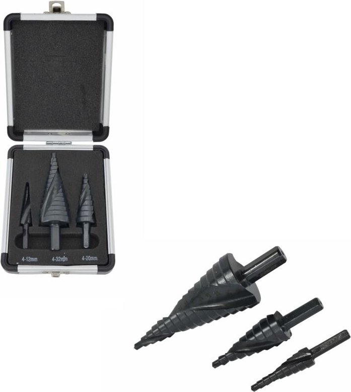 AWTOOLS STUFEN-SPIRALBOHRSET 3-teilig / 4-12 4-20 4-39mm / AICrN / SCHWARZ / KUNSTSTOFFKOFFER.