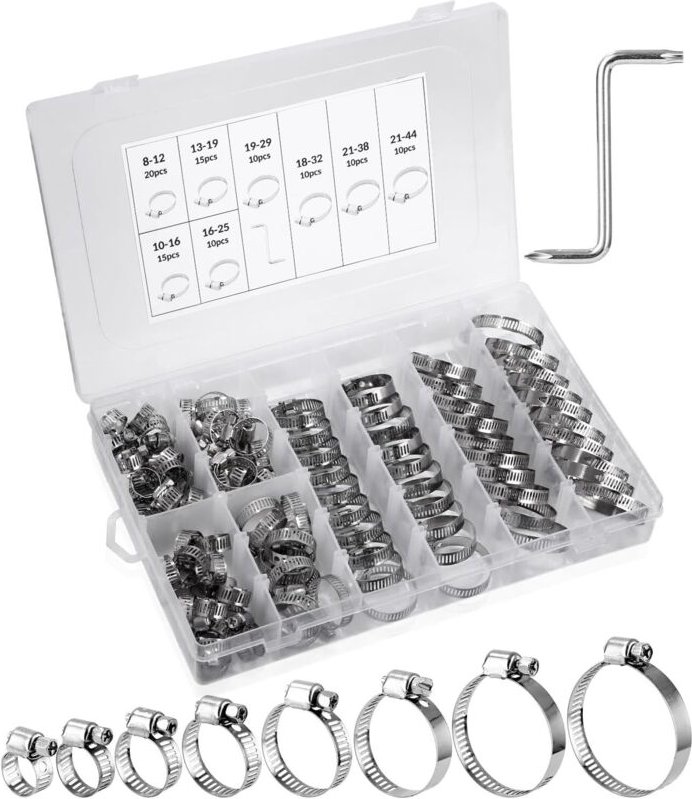 100 Stk Schlauchschellen Set, Einstellbare 8-44 mm Schlauchschelle, Edelstahl Rohrschellen Sortiment, 8 Größen Schlauchk...