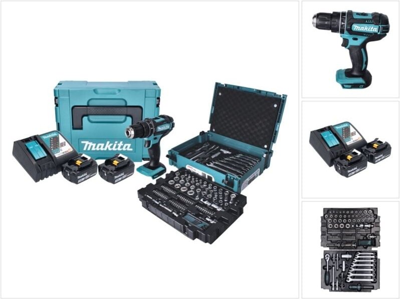 Dhp 482 JX13 Akku Schlagbohrschrauber 18 v 62 Nm + 2x Akku 3,0 Ah + Ladegerät + 120 tlg. Werkzeug Set + Makpac - Makita