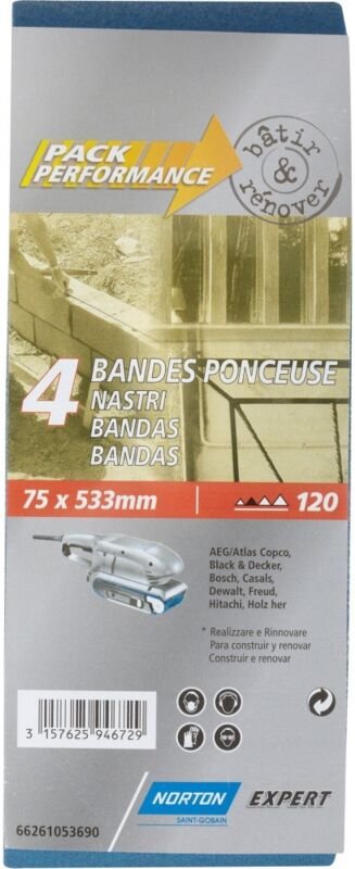 Packung mit 4 NORTON Schleifbändern, 75 x 533 mm, Körnung 120 Norton
