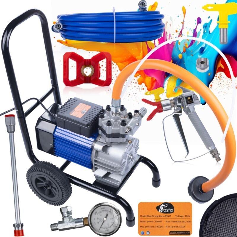 Rosfix Set Blue Strong Storm 990 BSS07 – Airless Farbspritzgerät 3500 W, 22 MPa, 18 L/min Edelstahlpumpe Für Wände, Holz...