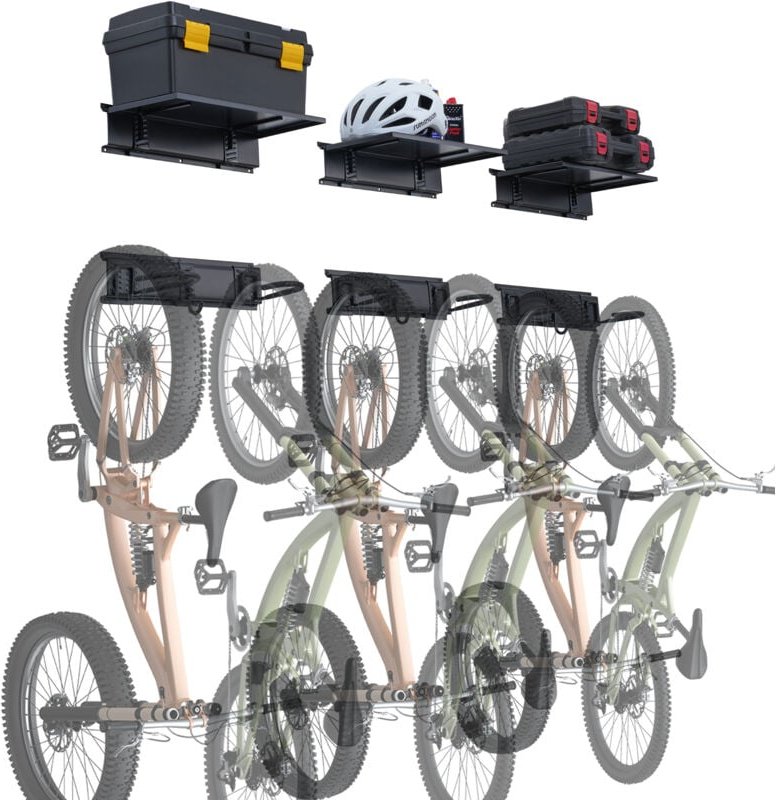 VEVOR Fahrradständer, 6 Fahrradständer und 3 Helmhaken, Wandhalterung für Fahrradaufbewahrung mit 3 Ablagen, Organizer f...