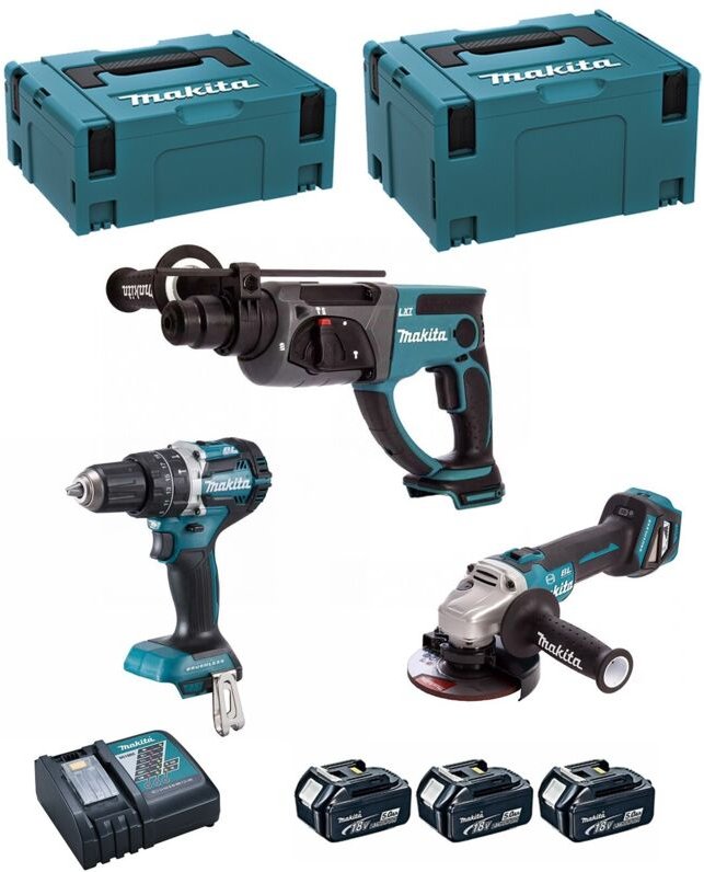 Makita - Kit DLX3093TJ (DGA513 + DHP484 + DHR202 + 3 x 5,0 Ah + DC18RC + makpac 2 + makpac 3)