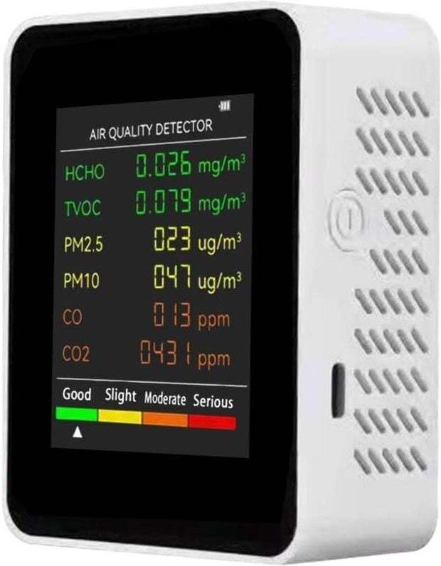 Multifunktionales 6-in-1-Luftqualitätsmessgerät: PM2,5, PM10, HCHO, TVOC, CO, CO₂, Kohlendioxid und Formaldehyd. Großes ...