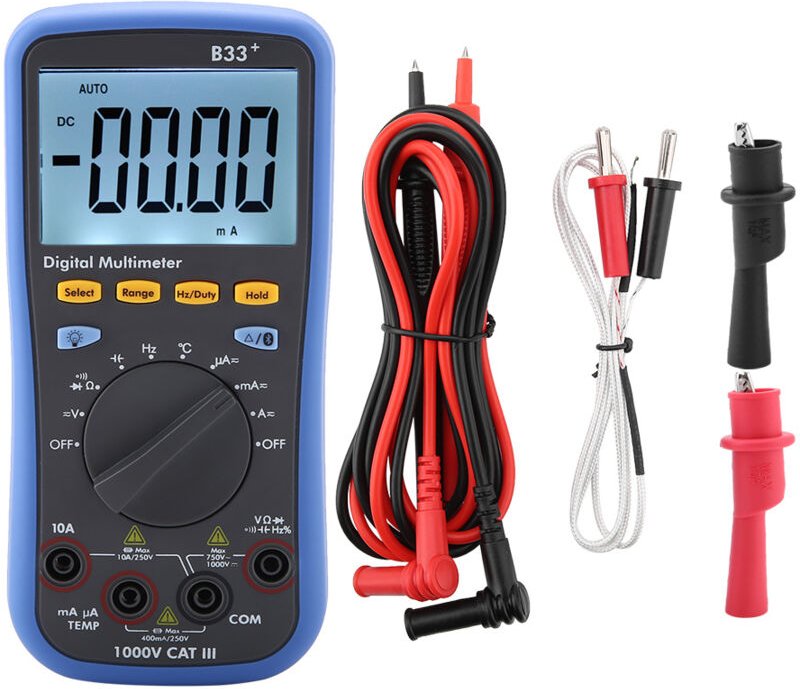 B33+ Bluetooth-Digitalmultimeter mit LCD-Bildschirm zur Messung von Wechsel- und Gleichspannung, Stromstärke und Widerst...