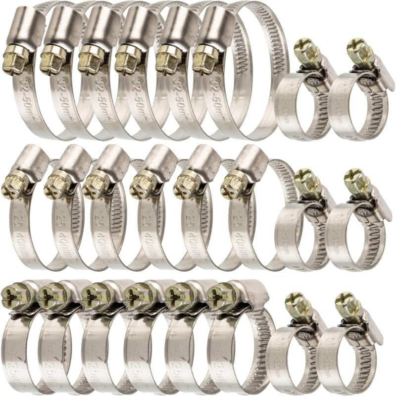 Schlauchschellen mit Schneckenantrieb Set, 24 Stück, Spannbereich Ø 12-50 mm, je 6 x Schellen mit Ø 12-20, 16-25, 25-40,...