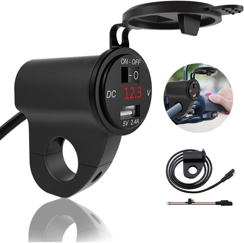 Thumbnail - Motorrad-Handyladegerät mit Voltmeter und Sicherung, wasserdichtes Motorrad-USB-Steckerladegerät mit Schalter, geeignet ...