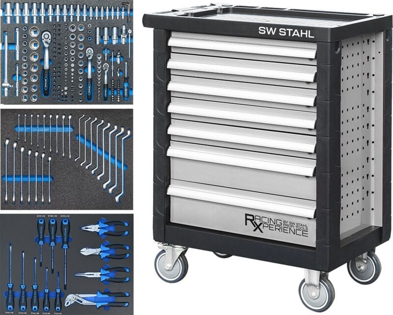 SW-Stahl Z3703 Werkstattwagen-Sortiment I Silber I bestückt 207 TLG I Werkstattwagen Werkzeugwagen gefüllt I Werkzeugsch...