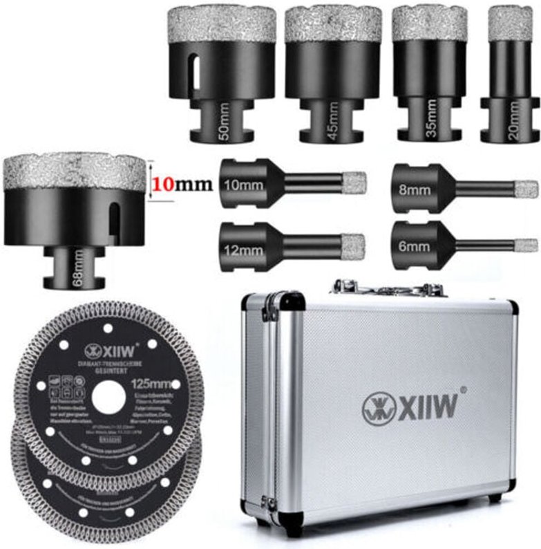 11X M14 Diamant Bohrkronen Lochsägen-Set, 9X 6-68mm Diamantbohrkrone und 2X 125mm Trennscheibe, Nass Trockenbohrkrone Fl...